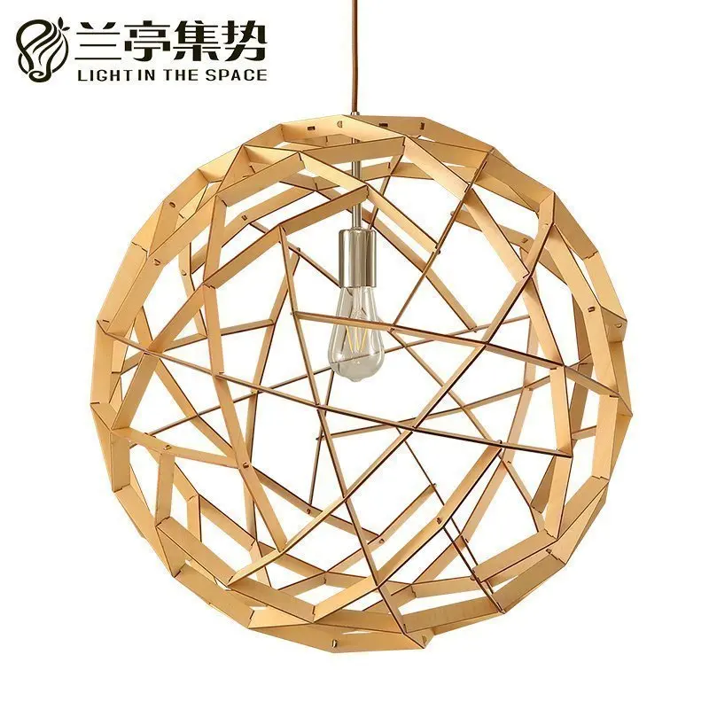 

Modern Korean Japanese European Minimalist Natural Log Wood Grid Hollow Ball Pendant Light for Restaurant Living Room Bar