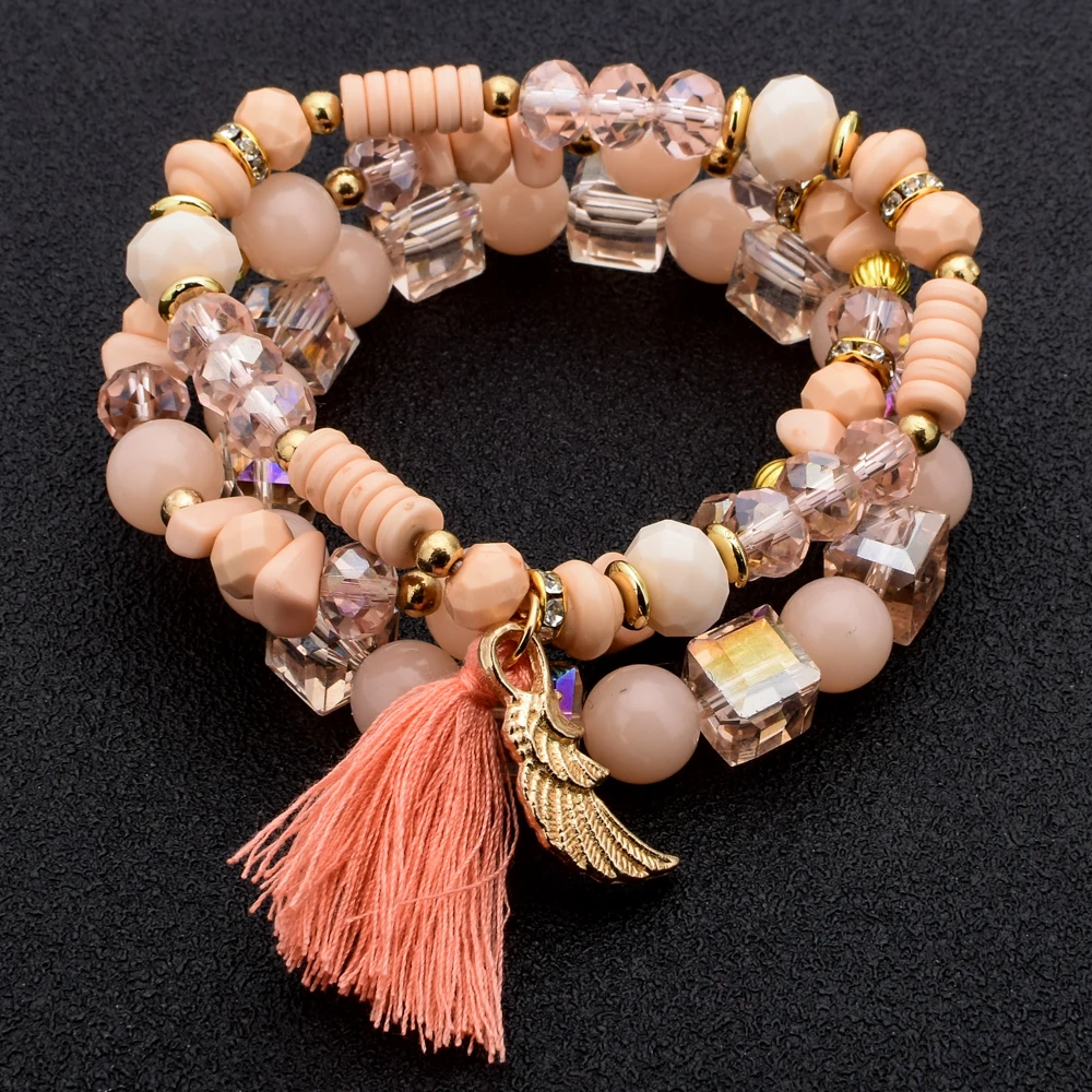 

Ethnic Multilayer Crystal Beads Bracelets Bangle Alloy Wing Tassel Charms Bracelet for Women Boho Cuff Wristband Jewelry pulsera