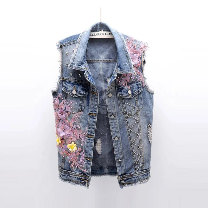 

2019 spring new Korean beaded flower hole denim vest women's turn down collar sleeveless vest top 1984