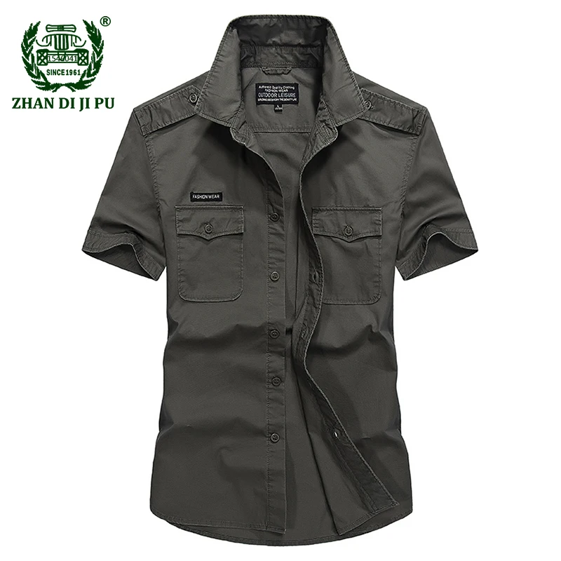 

2018 High quality men summer casual brand military 100% cotton khaki short sleeve shirt man afs jeep blue shirts M L XL XXL XXXL