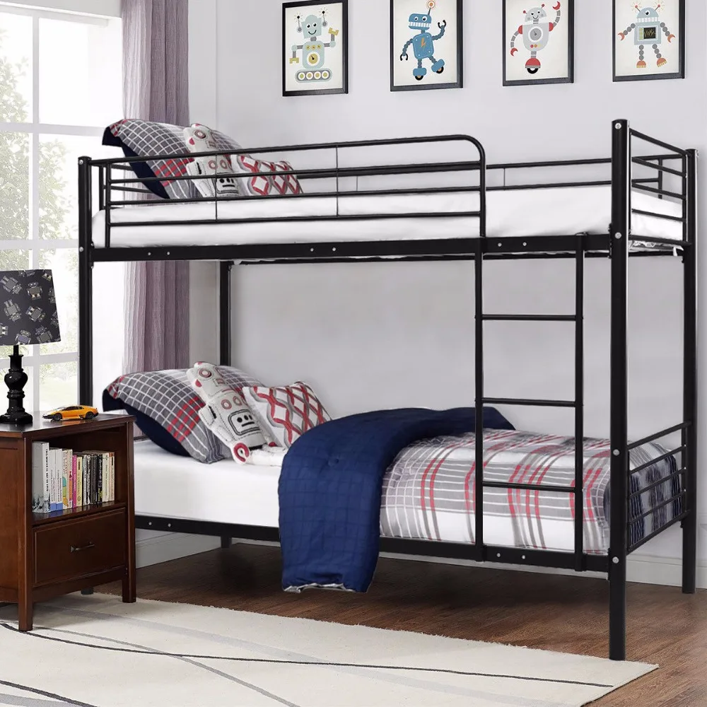Giantex Metal Twin Over Twin Bunk Bed with Ladder Kids Teens Dorm Bedroom Furniture White Black Steel Bunk Bed Frame HW56238+