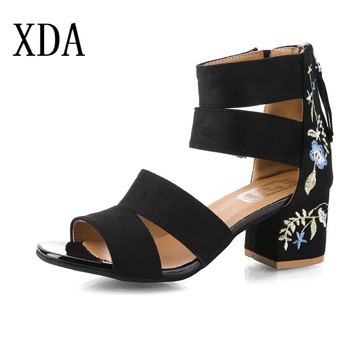 

XDA Suede Leather Shoes Woman Sandals Embroidery Floral High Heel Women Sandals Ethnic Floral Sandalias fashion Summer Shoes D85