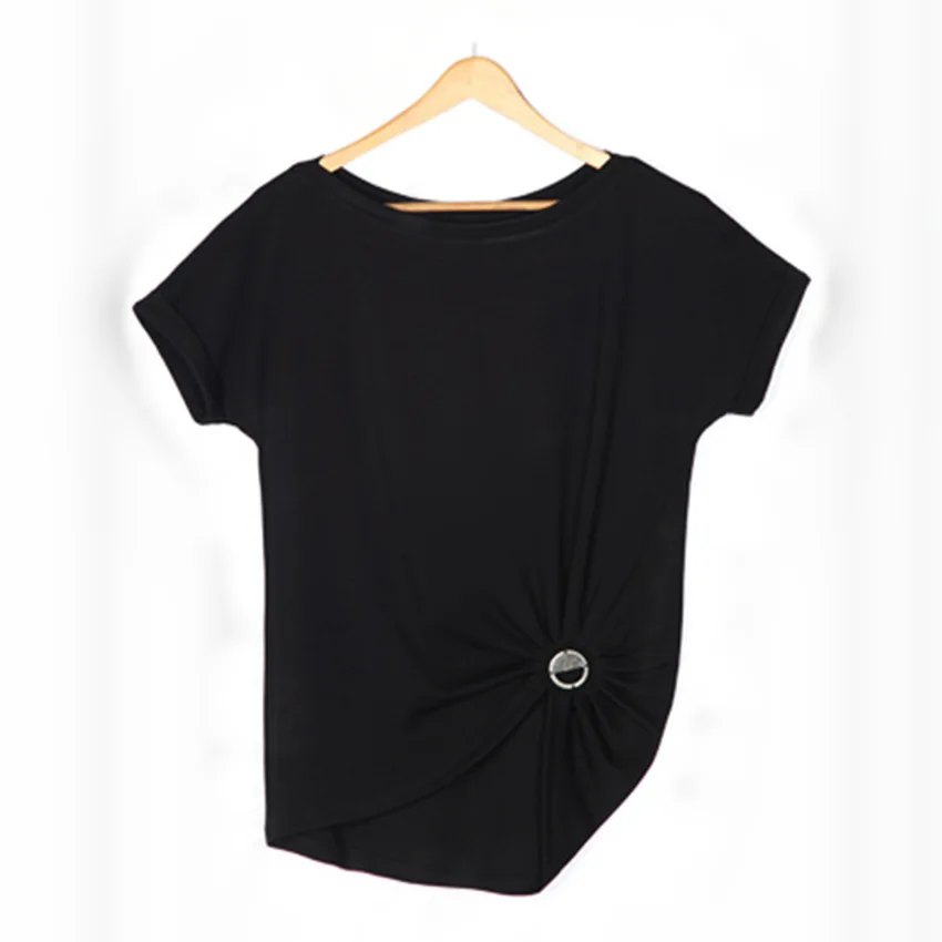 Tshirt European Split Women Style Ac8150 Shirt Summer Black Tee Slash Loose Asymsay Pleated Solid Irregular Joint Neck Tops AZqdCZvw