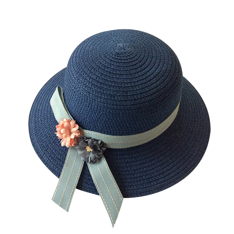 Шапки для девочек, соломенная шляпа с цветочным принтом для девочек, Панама, Детские Солнцезащитные кепки, детские летние шляпы, детские шляпы кепки - Цвет: Тёмно-синий