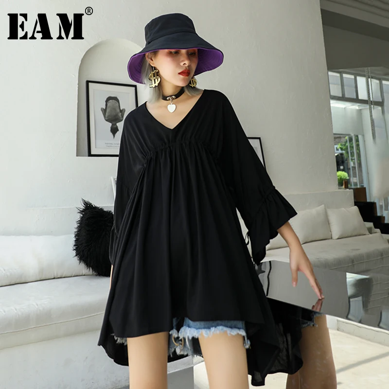 

[EAM] 2019 New Spring Summer V-Neck Three-quarter Sleeve Drawstring Stitch Black Loose Big Size Dress Women Fashion Tide JX054