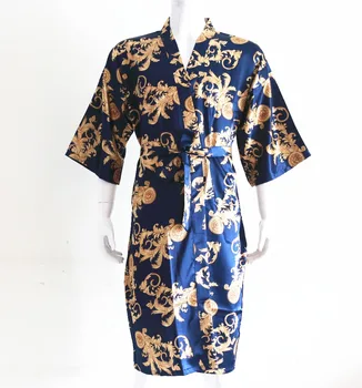 

Navy Blue Chinese Vintage Men's Robe Casual Sleepwear Satin Rayon Nightwear Printed Dragon Bathrobe Kimono Gown Negligee
