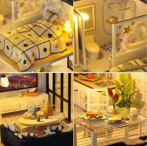 Assembling Diy Doll House Wooden Deluxe Suite Diy Handmade Dollhouse Furniture Kit Room Led Lights Kids Birthday Grownups Gift
