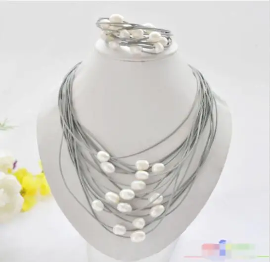 

Hot sale new Style >>>>P5219 15row 13mm white rice pearl gray leather necklace & bracelet