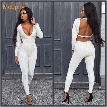 

2019 spring ladies long bandage jumpsuit winter white sexy long-sleeved V-neck open back hollow club party club party jumpsuit