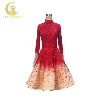 

JIALINZEYI Sexy Fashion High Neck Long Sleeves Full Sequins Crystal Champagne Knee Length Sexy Party dresses Prom Dresses