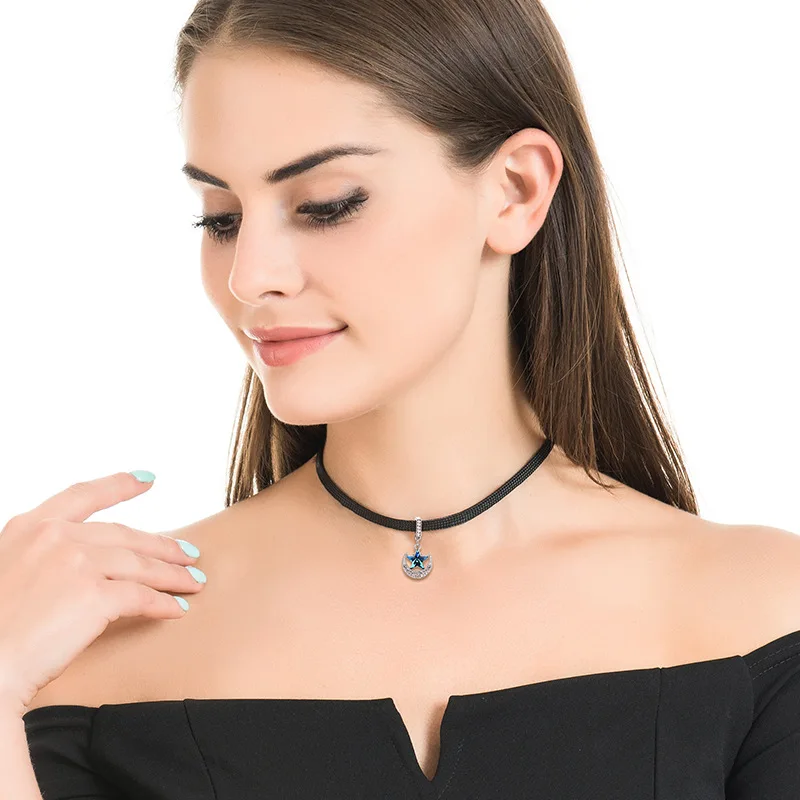 Austrian Crystal Moon and Star Crystal Pendant Short Necklace for Women Rhinestone Black Leather Choker Necklace Charming Gifts - Image 6