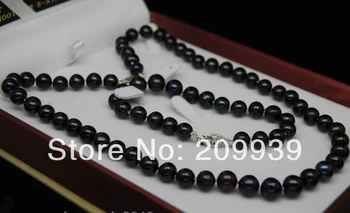 

Free shipping 002271 Fine 9-10mm AAA+ grade black pearl sets 925S