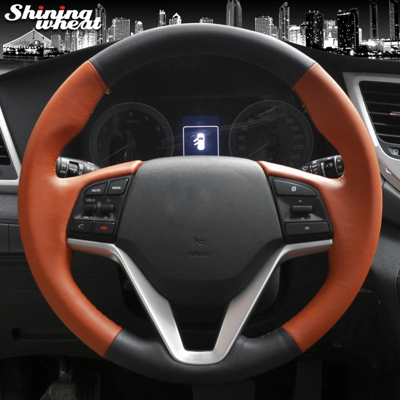 

Shining wheat Black Brown Leather Car Steering Wheel Cover for Hyundai Tucson 2015 2016