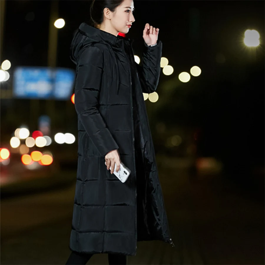 Long Slim Down Coat Women Winter M-6XL Plus Size Hooded Down Jacket Warm Cotton Clothes Zipper Pocket Fashion Elegant Women Coat