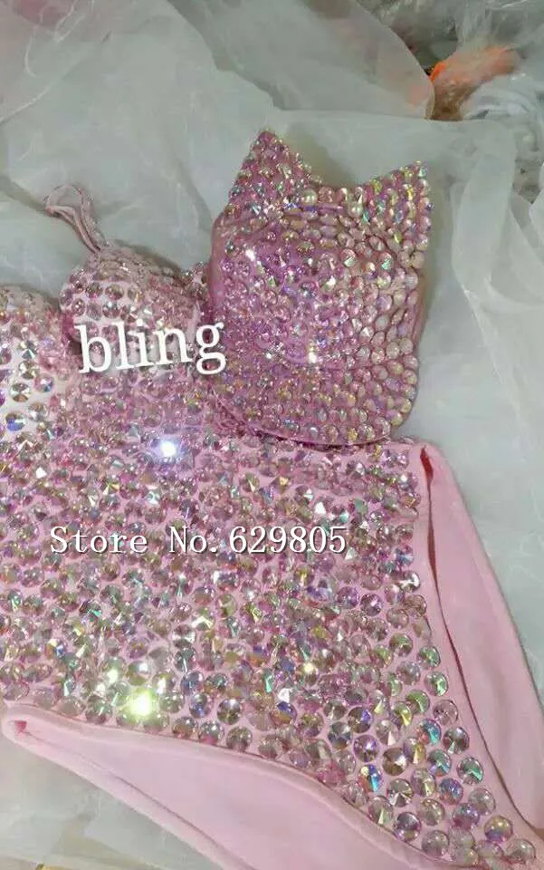 Розовый Полный алмаз сшить на Боди Наряд женский для певицы для сцены одежда Сверкающее платье со стразами праздничный костюм настроить трико