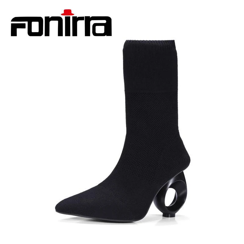 

FONIRRA Knitting Wool Stylish Women Ankle Boots Elastic Stretch Fabric Socks Boot Hollow Round Strange Heels Slim Bota 684
