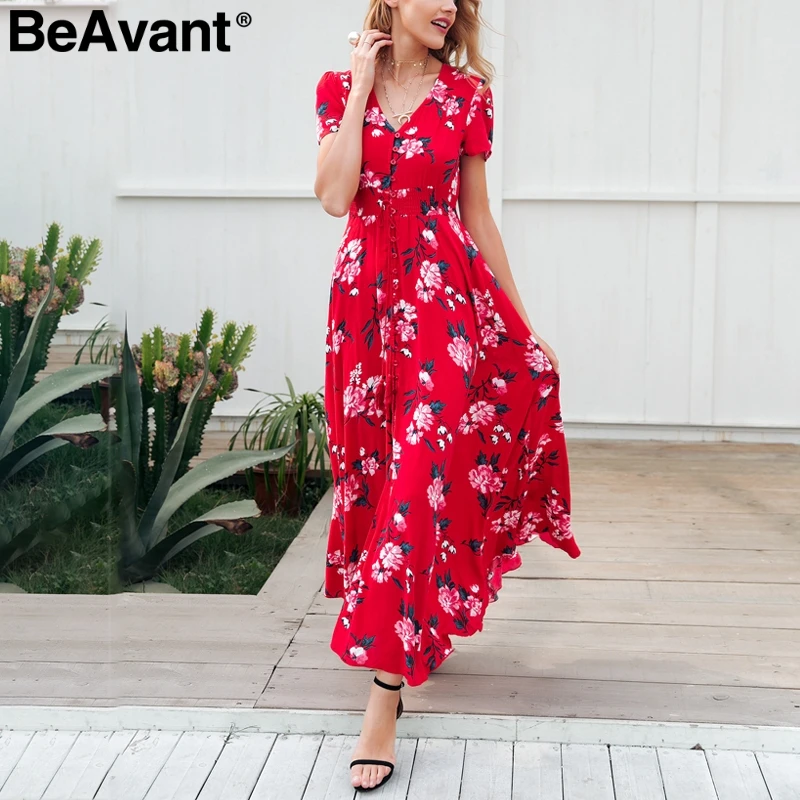 Beste BeAvant Lente elegante bloemenprint lange jurk Vrouwen v hals boho maxi strand jurk Zomer 2018 korte mouwen knop jurk vestidos
