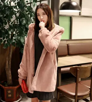 

2018 autumn and winter new imitation Rex Rabbit Fur coat female long loose bear ears fur hooded casual jacket