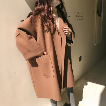 

New Autumn Winter Women Coats Plus Size Fashion Loose Turn-Down Collar Solid Cloak Woolen Blends Coat For Women Larger Outerwear