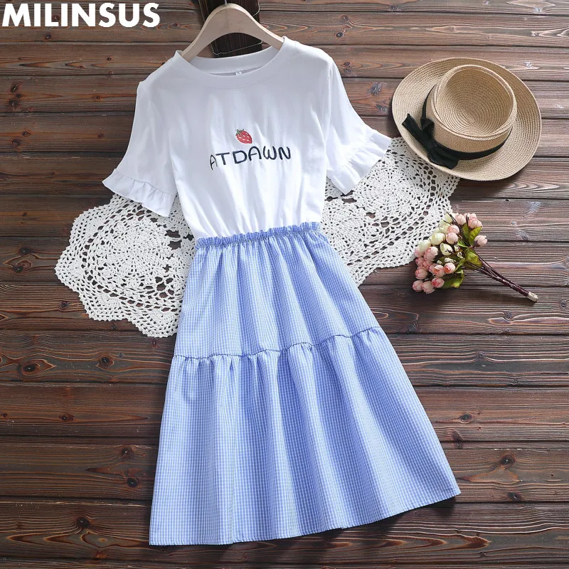 

2019 summer new plaid dress Women Strawberry embroidered letter korean dresses Female casual Mid-length White blue Cute dress