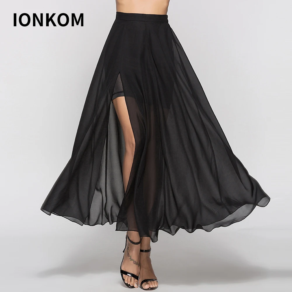 IONKOM Black Weekend Casual Flounce Trim Skirt High Waist Button Split