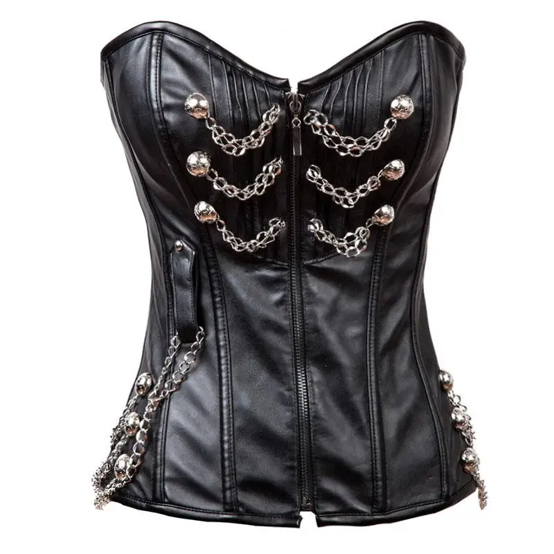 Front Zipper chains Black Leather Corset Overbust Steampunk Clothing Corselet Corsets And
