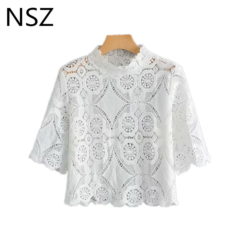 

NSZ Women White Lace Shirt See Through Blouse Short Sleeve Summer Cropped Top Party Tops Crochet Hollow Out Blusa mujer