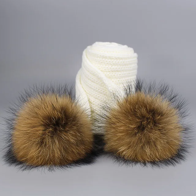 New 2 Pieces Set Children Winter Hat Scarf for Girls Hat Real Raccoon Fur Pom Pom Beanies Woman Cap Knitted Winter Hat Wholesale