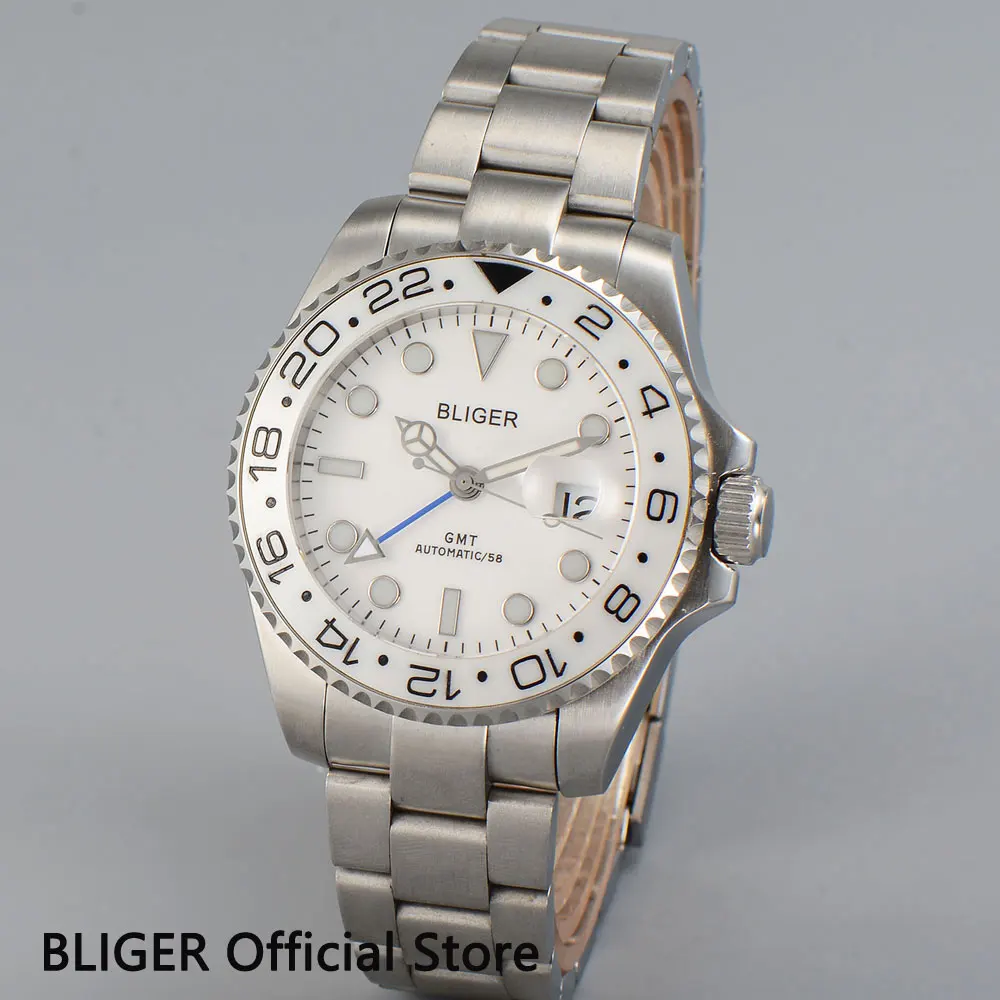 BLIGER 43MM White Dial Ceramic Bezel GMT Function Sapphire Crystal Date Display Sapphire Automatic Movement Men's Watch B26 BLIGER 43MM White Dial Ceramic Bezel GMT Function Sapphire Crystal Date Display Sapphire Automatic Movement Men's Watch B26