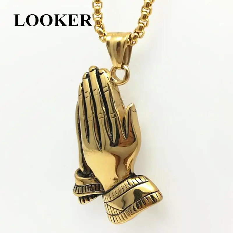 

Hot Sale Praying Hands Necklace Big Pendants Jewelry Gifts Hand Necklaces Men Women Hip Hop Prayer Jesus Stainless Steel Chains
