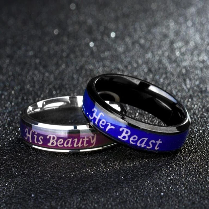 

Letter"Her Beast His Beaty" Finger Rings for Lover Temperature Feeling Emotion Finger Rings Colorful Changing Rings Silver SSR06