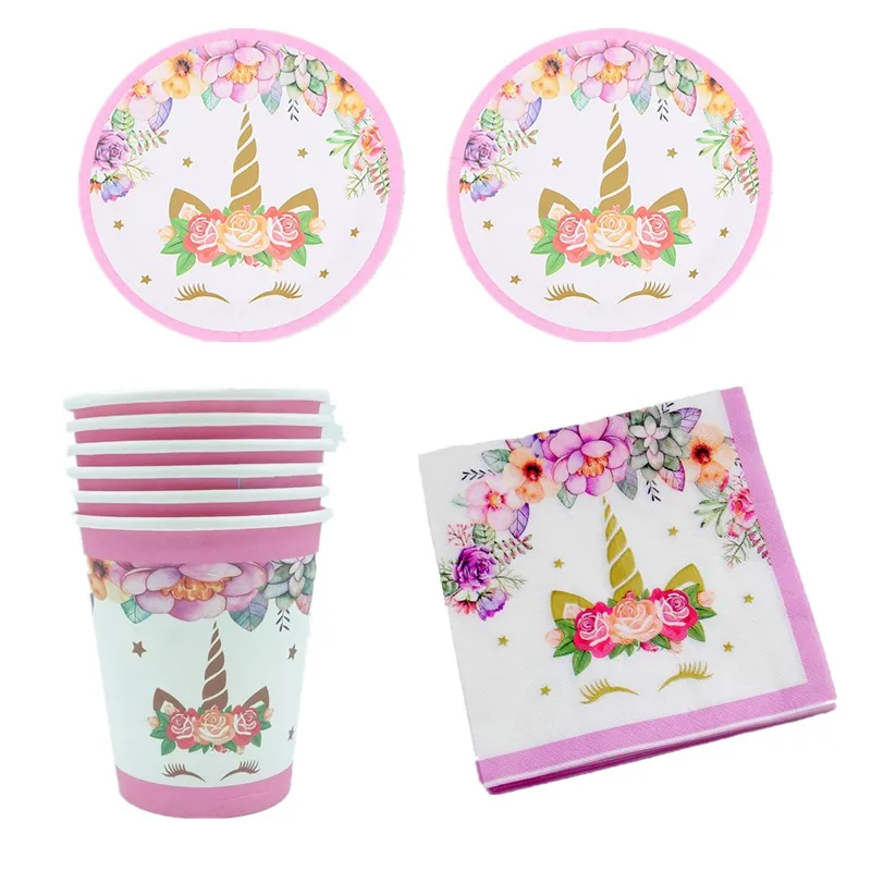 

60pcs/set Wedding Party Flower Unicorn Design Napkins Happy Birthday Decoration Plates Girls Kids Women Favors Events Paper Cups