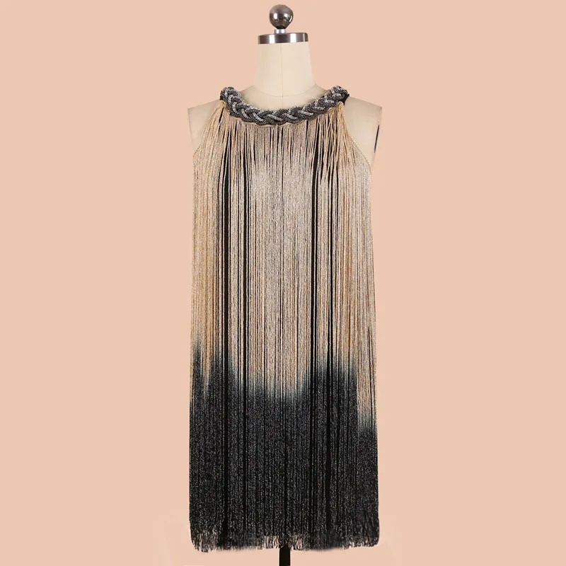

Europe and the United States wind chain hanging neck gradient tassels Slim package hip sleeveless dress