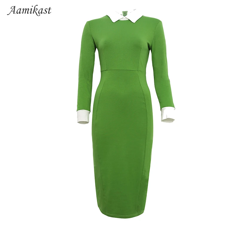 Beste AAMIKAST D0405 Vrouwen Jurken Patchwork Herfst Winter Hot Koop Volledige Mouw Bodycon Potlood Party Cocktail Maat SML XL XXL