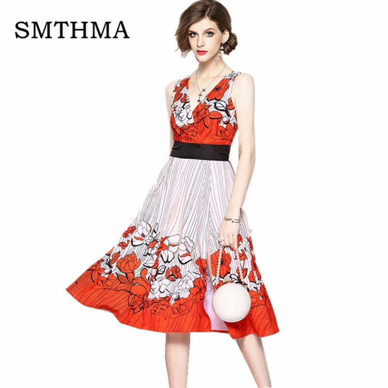 

SMTHMA HIGH QUALITY New Fashion 2019 Designer Runway Dress Women's sleeveless V collar Gorgeous Floral Printed Dress