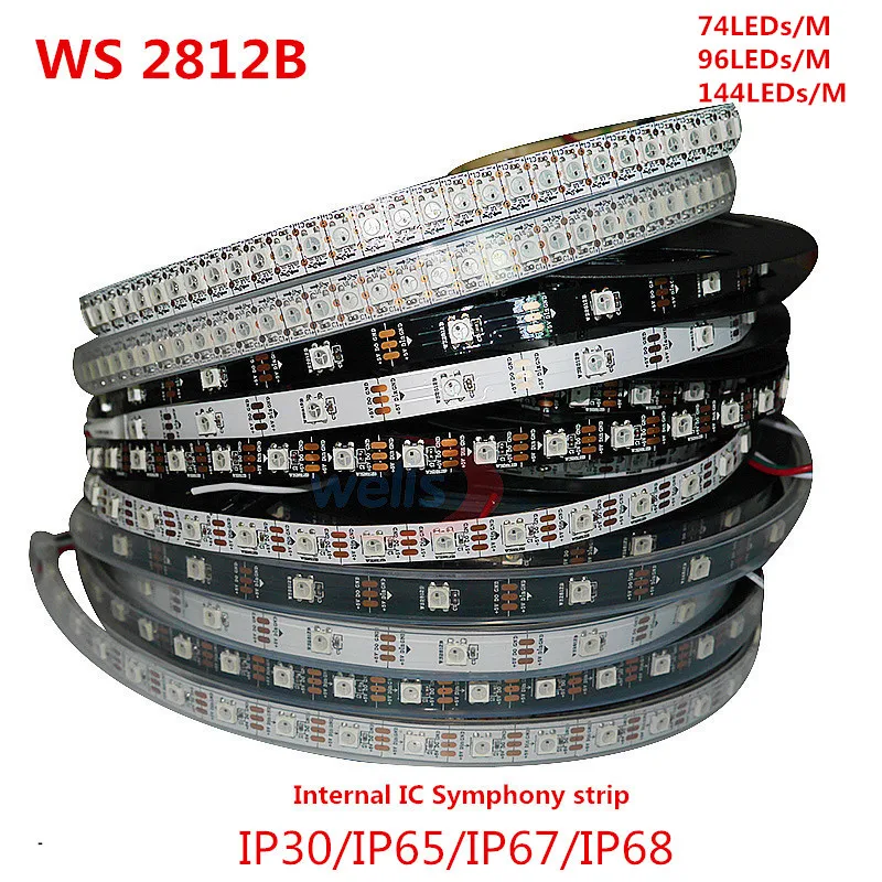 1/5 метр WS2812B IP68 полный Цвет симфония 74 96 144 светодиодный пиксель/м SMD 5050 Встроенная микросхема программируемый прибор приемно-5 V Светодиодные полосы света