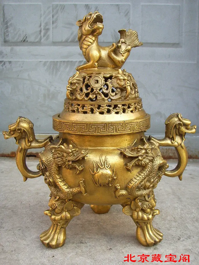 A 29 cm high copper incense burner erlongxizhu copper incense burner