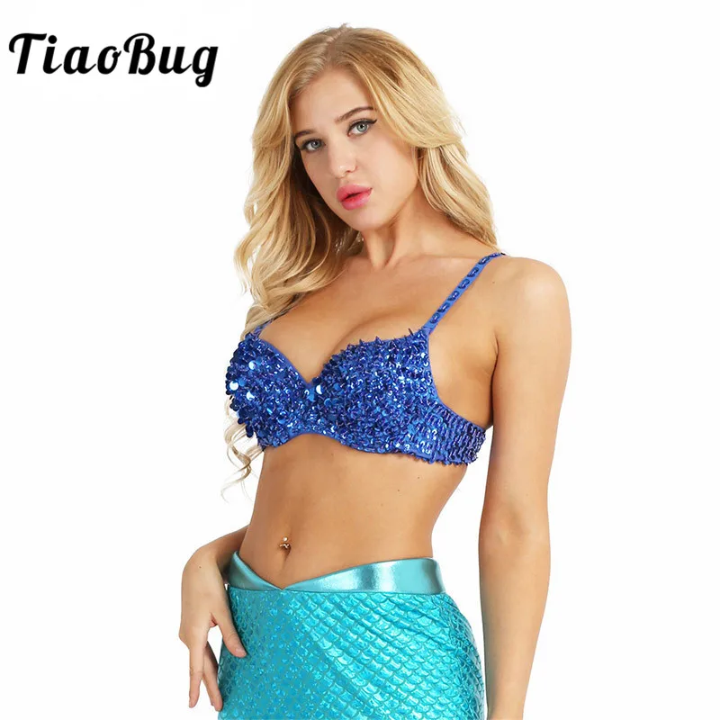 

TiaoBug Fashion Women Sparkle Sequin Beading Padded Bra Top for Rave Dances Mermaid Bra Stage Club Wear Sexy Belly Dance Costume