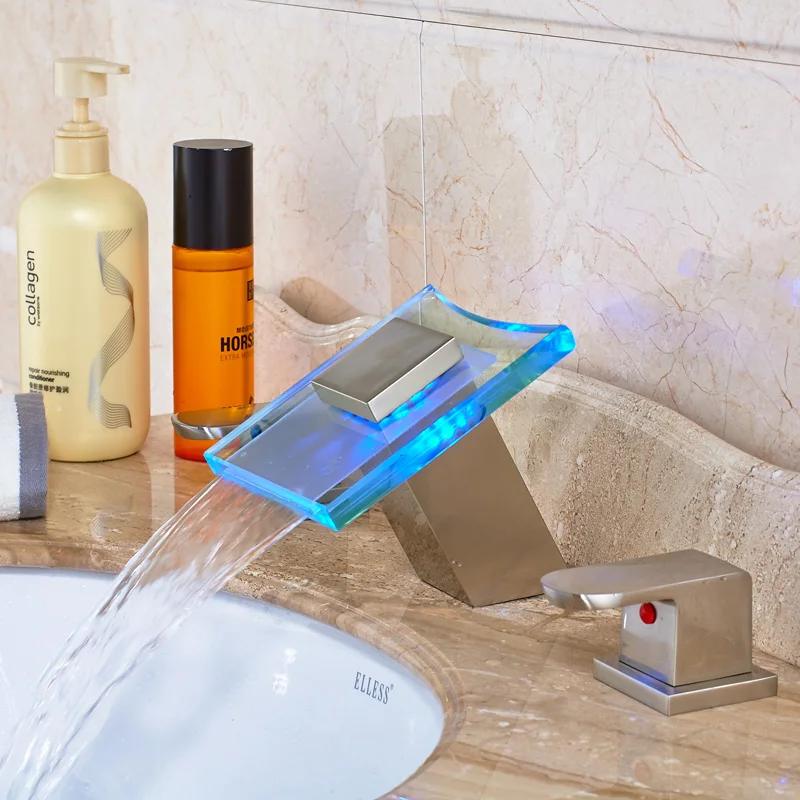 

Modern LED Widespread Spout Basin Faucet Dual Handles Sink Mixer Tap Brushed Nickel for Bathroom Water Taps