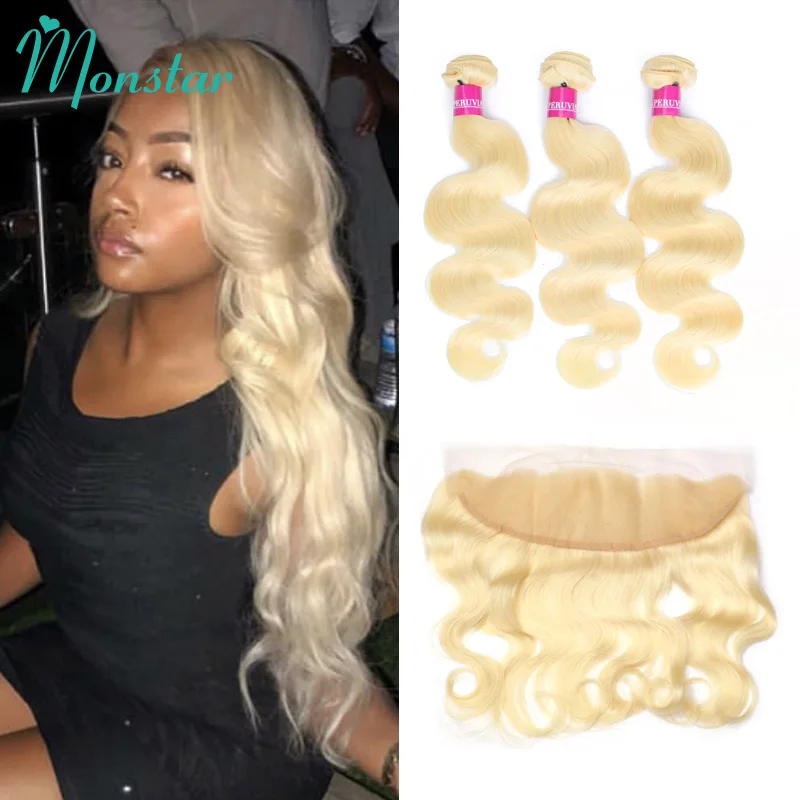 

Monstar Remy Blonde Color Hair Body Wave 2/3/4 Bundles with 13x4 Ear to Ear Lace Frontal Closure Brazilian Human Blonde 613 Hair
