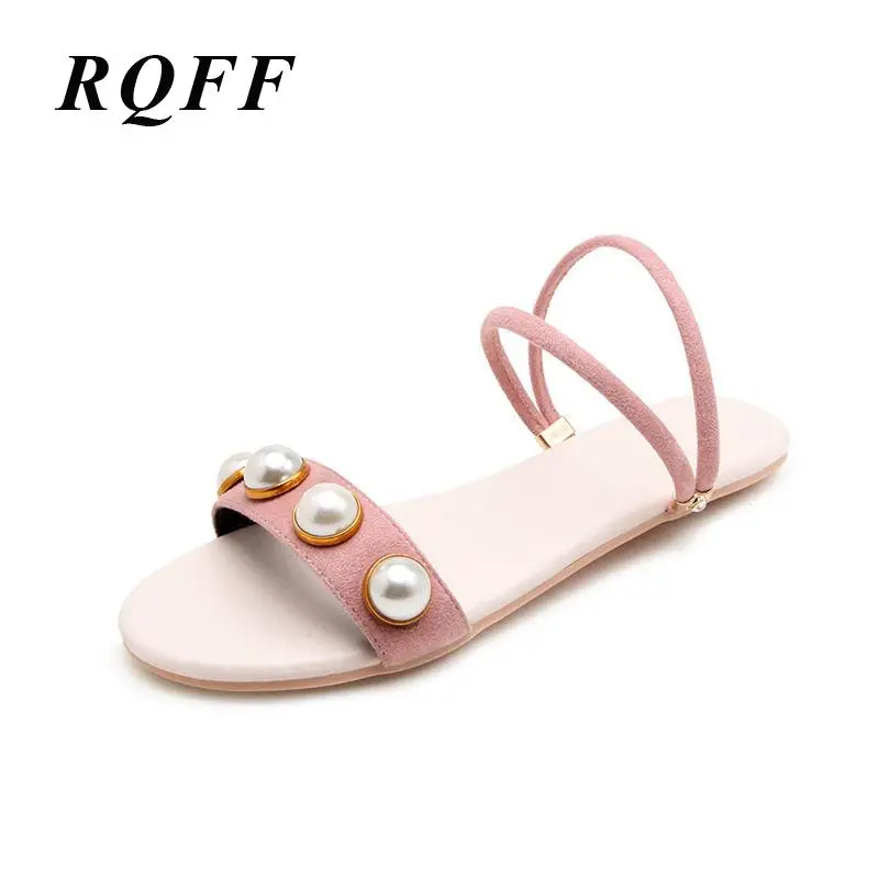 

Woman Flat Shoes Spring Summer Slides Plus Size 9 Outside Slippers Artificial Pearls Open Toe Sandals Flats Heel Footwear