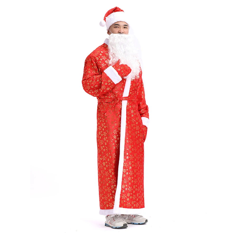 Костюм Санта Клауса для взрослых, Рождественский костюм для русской зимы, Рождественский костюм, костюм для косплея, Халат+ борода+ перчатки+ шапка, Рождественский комплект