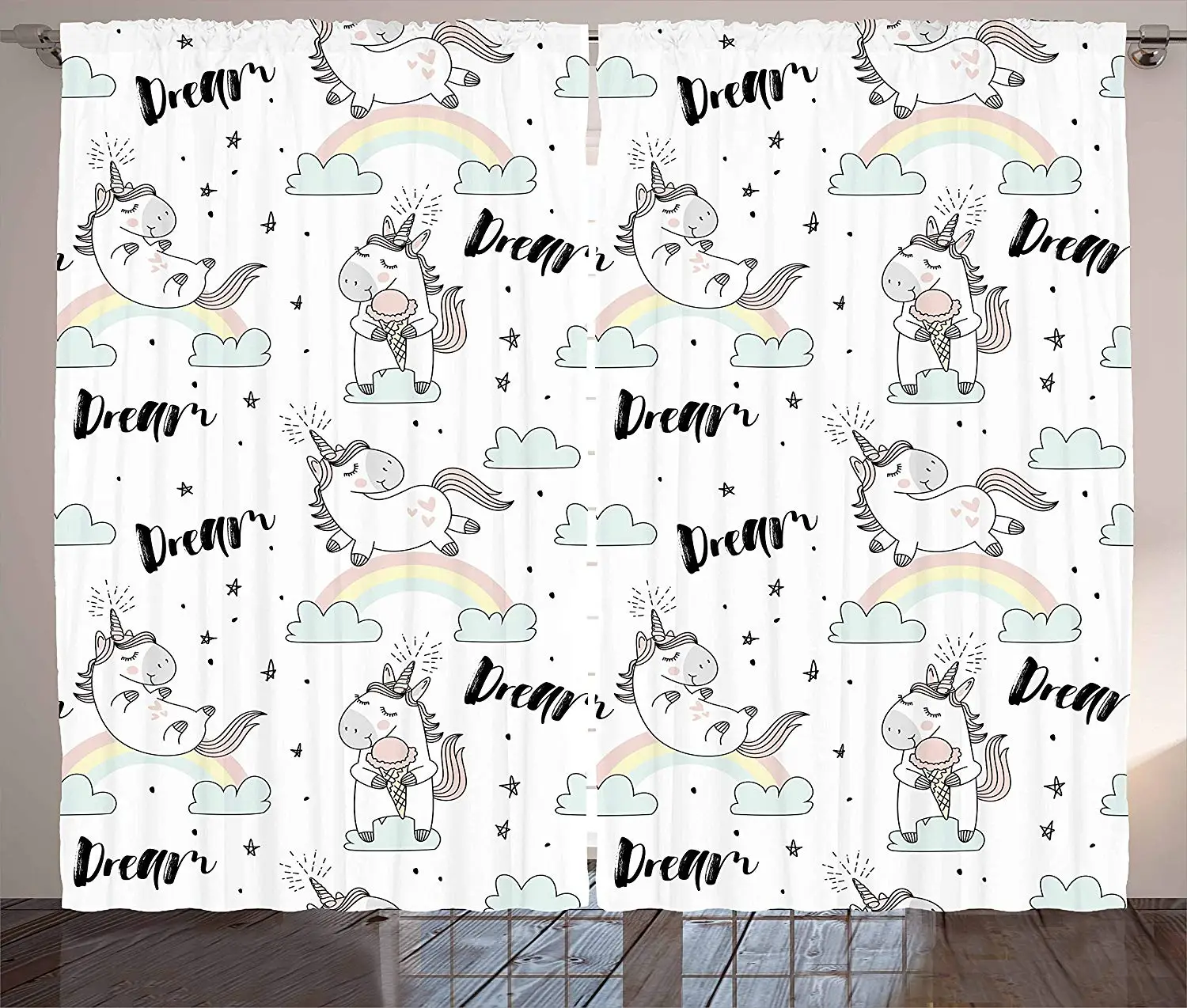 

Unicorn Party Curtains Cute Horse with Horn Flying Among The Clouds with Hand Lettering Dream Quote Living Room Window Drapes