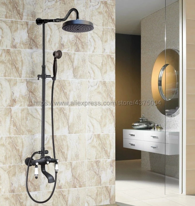 Oil Rubbed Bronze Bathroom 7.7" Rainfall Shower Head Bathtub Faucet Bath Shower Faucet Set with Handheld Shower Nhg627