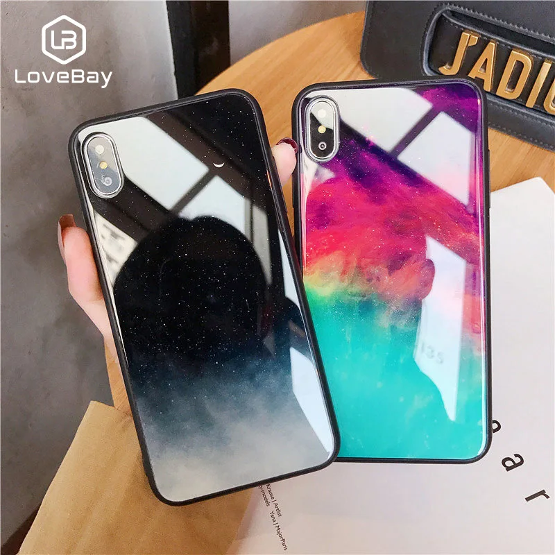 

Lovebay Glass Phone Case For iPhone 6 6s 7 8 Plus X XR XS Max Fashion Colorful Starry Sky Painted For iPhone X Phone Case Shell