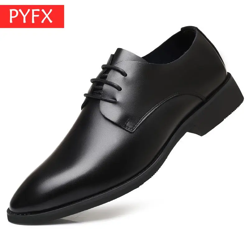 

2019 autumn new pointed men's business casual flat British wind Low help lace-up black Leather shoes Mens Office Shoes Leather