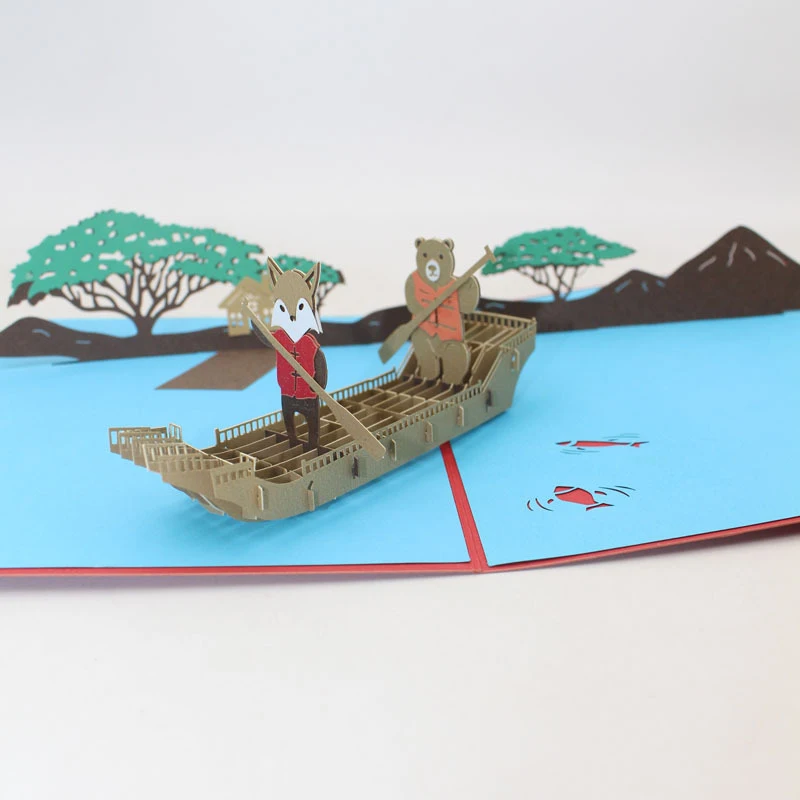

3D Handmade Cartoon Fox Bear Rowing Across The River Paper Blessing Greeting Card PostCard Student Birthday Party Friend Gift