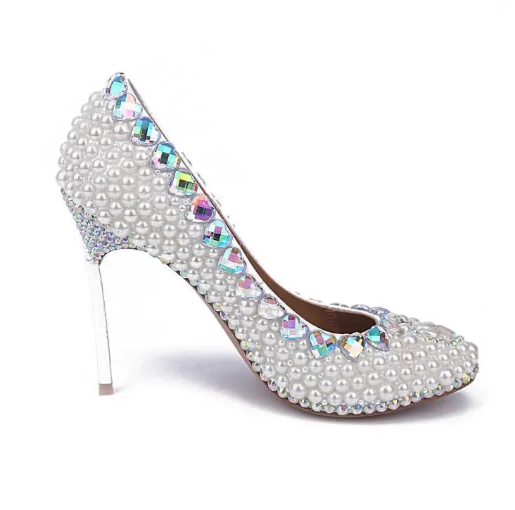 

Europe and the United States star shoes with white pearl diamond round head high heels iron with fine single shoes wedding shoes