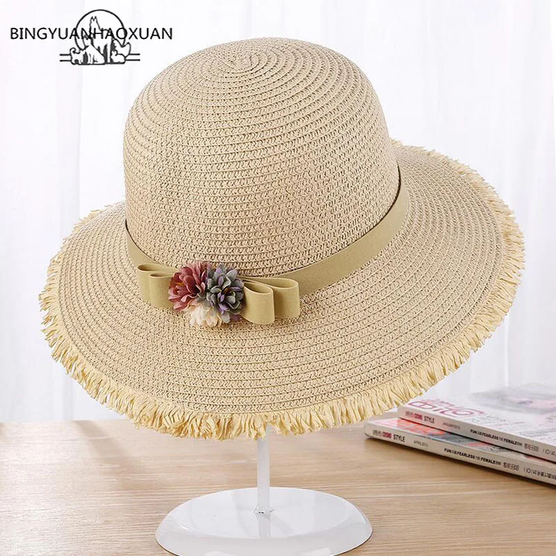 

BINGYUANHAOXUAN Handmade Weave Sun Hats For Women Lace Up Wide Straw Hat Outdoor Beach Summer Caps Cap Feminino Beach Hat