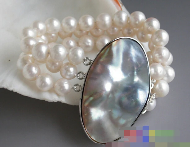 

08736 3row round white Freshwater cultured pearl bracelet mabe pearl